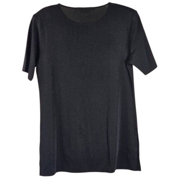 Misook Black Classic Knit Tunic Sz M Round Neck Short Sleeves Long Side Slits - Picture 2 of 8